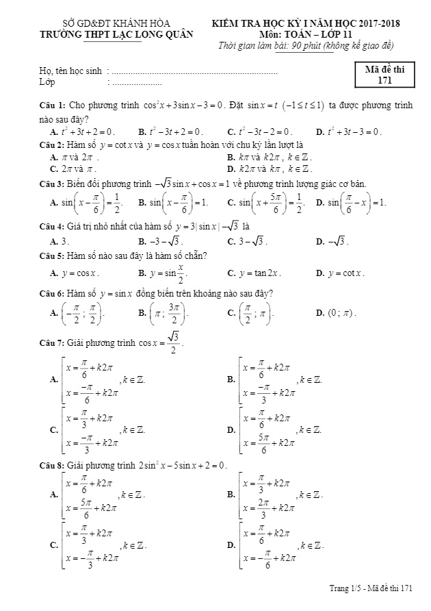 Đề kiểm tra học kì 1 (HK1) lớp 11 môn Toán năm học 2017 2018 trường THPT Lạc Long Quân Khánh Hòa