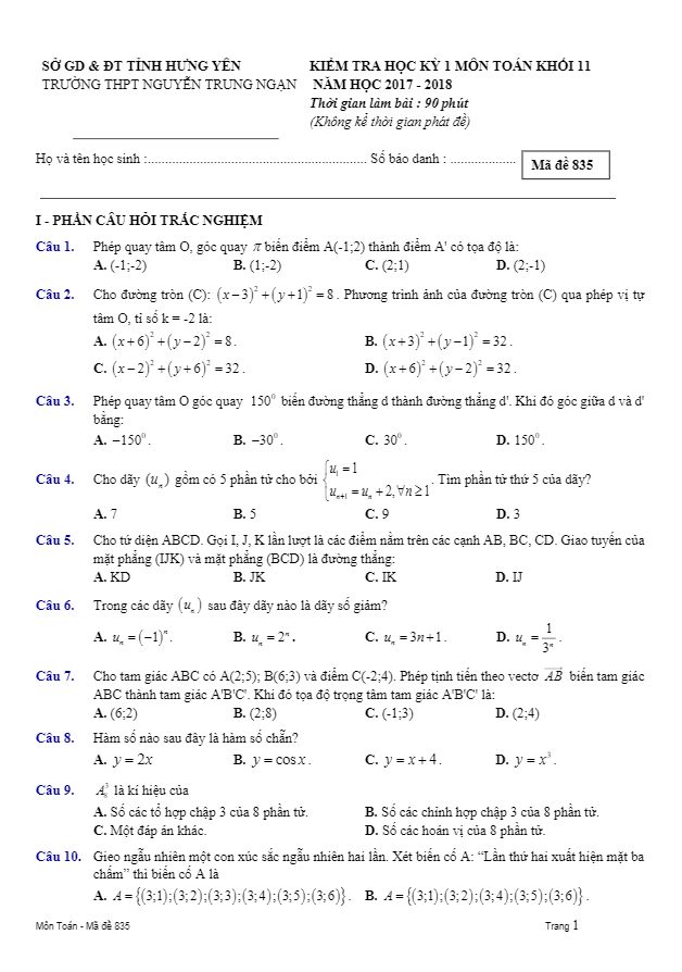 Đề kiểm tra học kì 1 (HK1) lớp 11 môn Toán năm học 2017 2018 trường THPT Nguyễn Trung Ngạn Hưng Yên