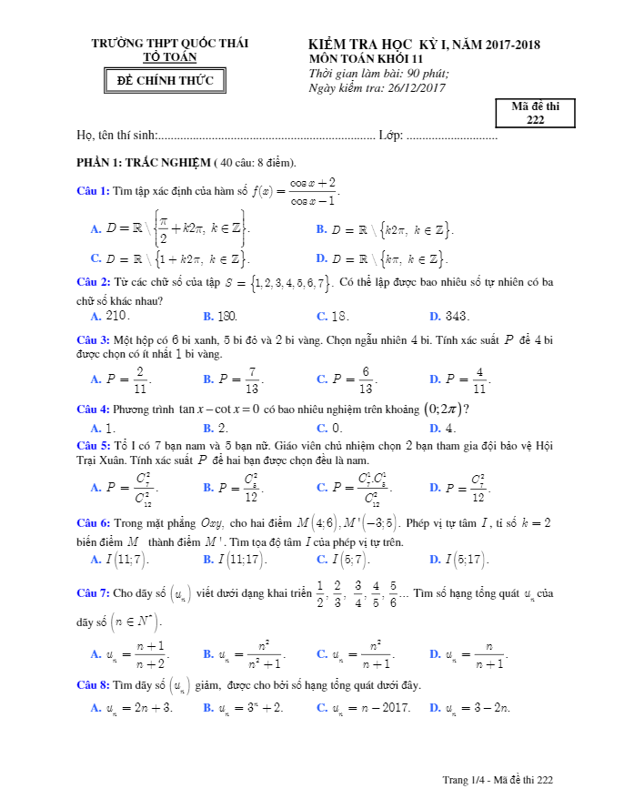 Đề kiểm tra học kì 1 (HK1) lớp 11 môn Toán năm học 2017 2018 trường THPT Quốc Thái An Giang