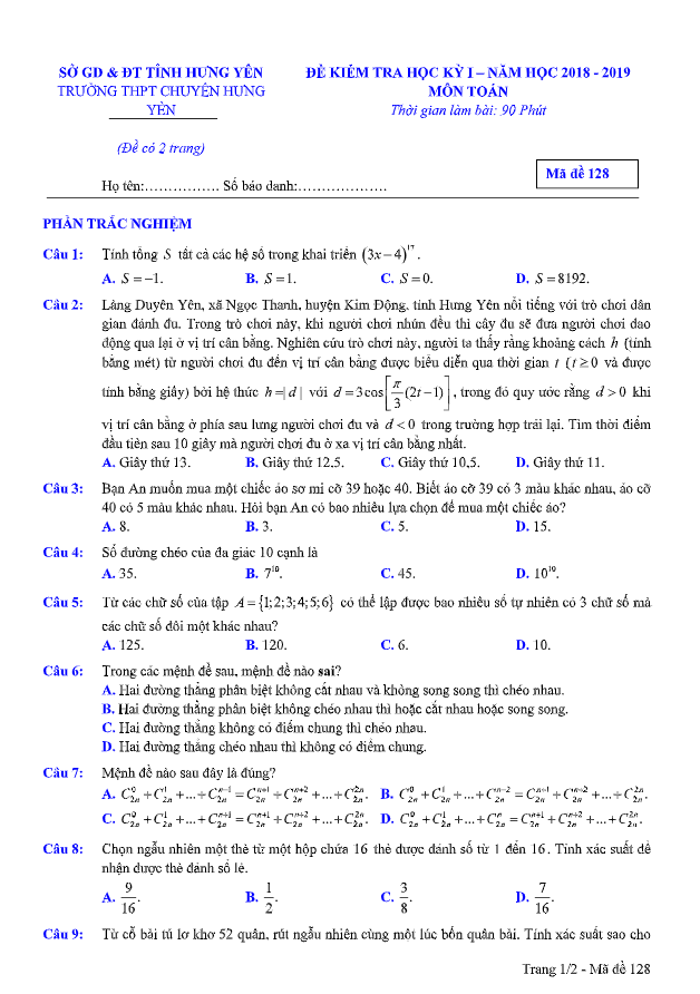 Đề kiểm tra học kì 1 (HK1) lớp 11 môn Toán năm học 2018 2019 trường THPT chuyên Hưng Yên