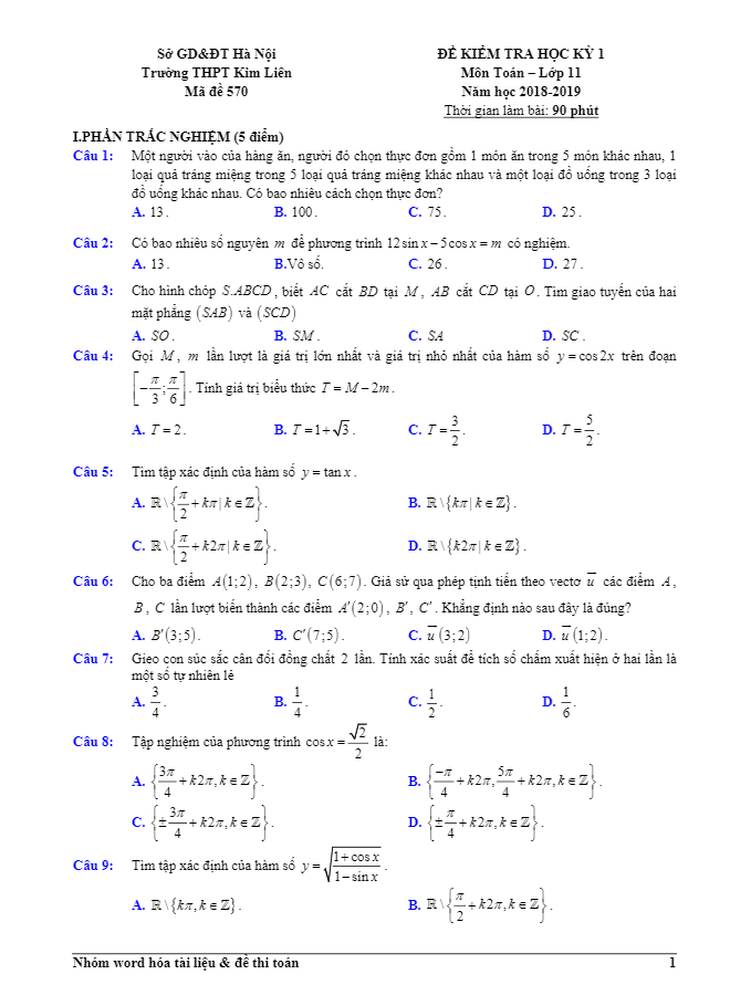 Đề kiểm tra học kì 1 (HK1) lớp 11 môn Toán năm học 2018 2019 trường THPT Kim Liên Hà Nội