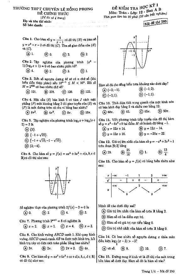 Đề kiểm tra học kì 1 (HK1) lớp 12 môn Toán (Ban A, B) trường THPT chuyên Lê Hồng Phong TP. HCM