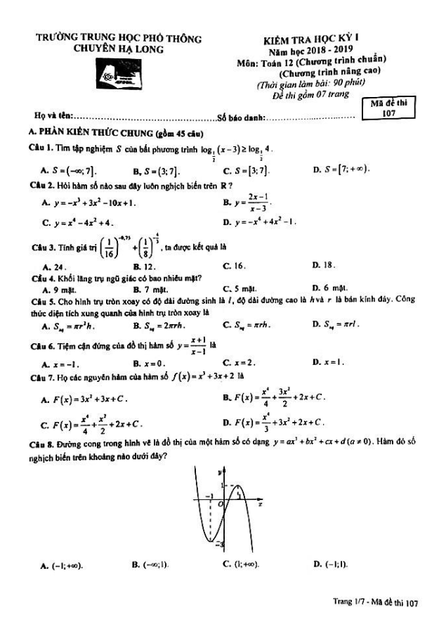 Đề kiểm tra học kì 1 (HK1) lớp 12 môn Toán năm 2018 2019 trường chuyên Hạ Long Quảng Ninh