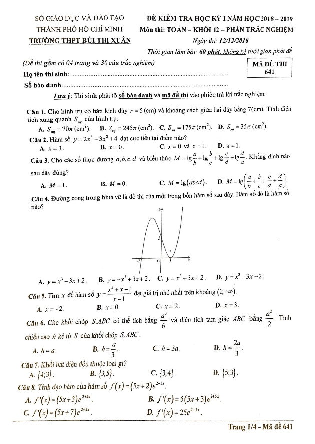 Đề kiểm tra học kì 1 (HK1) lớp 12 môn Toán năm 2018 2019 trường THPT Bùi Thị Xuân TP. HCM