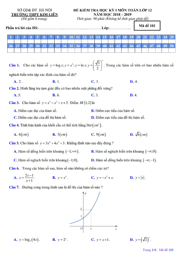 Đề kiểm tra học kì 1 (HK1) lớp 12 môn Toán năm 2018 2019 trường THPT Kim Liên Hà Nội