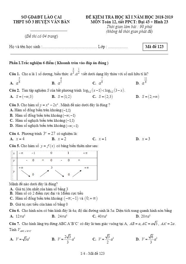 Đề kiểm tra học kì 1 (HK1) lớp 12 môn Toán năm 2018 2019 trường THPT số 3 Văn Bàn Lào Cai