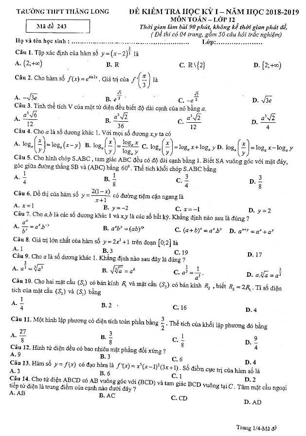 Đề kiểm tra học kì 1 (HK1) lớp 12 môn Toán năm 2018 2019 trường THPT Thăng Long Hà Nội