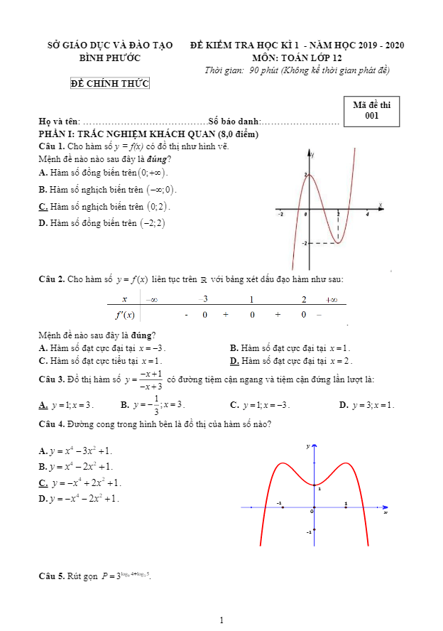 Đề kiểm tra học kì 1 (HK1) lớp 12 môn Toán năm 2019 2020 sở GD ĐT Bình Phước