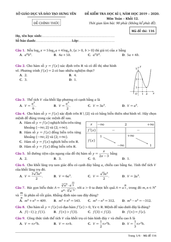 Đề kiểm tra học kì 1 (HK1) lớp 12 môn Toán năm 2019 2020 sở GD ĐT Hưng Yên