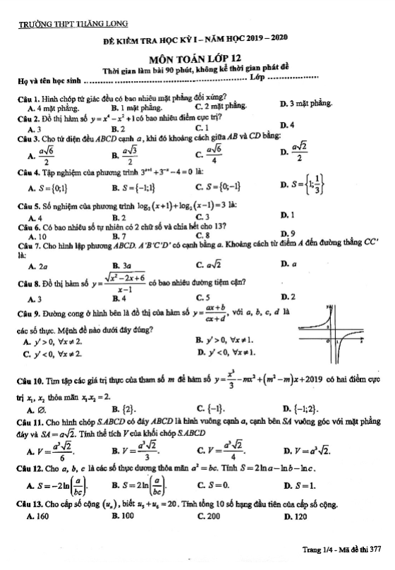 Đề kiểm tra học kì 1 (HK1) lớp 12 môn Toán năm 2019 2020 trường Thăng Long Hà Nội