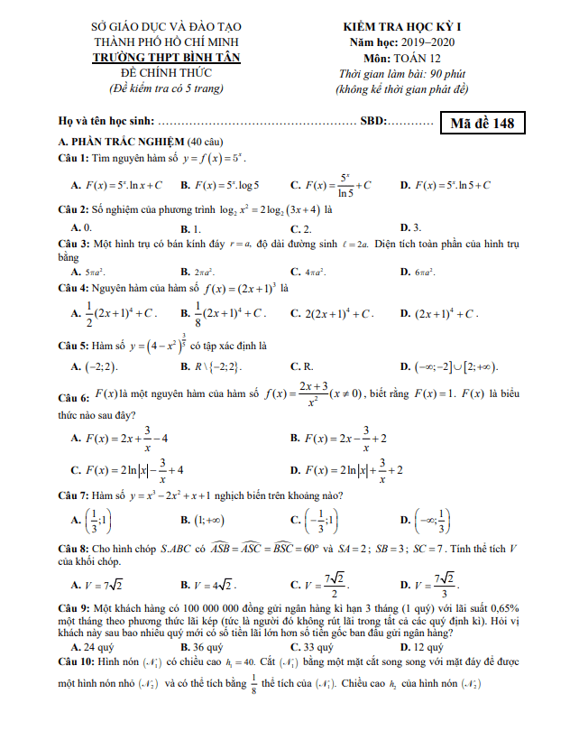 Đề kiểm tra học kì 1 (HK1) lớp 12 môn Toán năm 2019 2020 trường THPT Bình Tân TP HCM