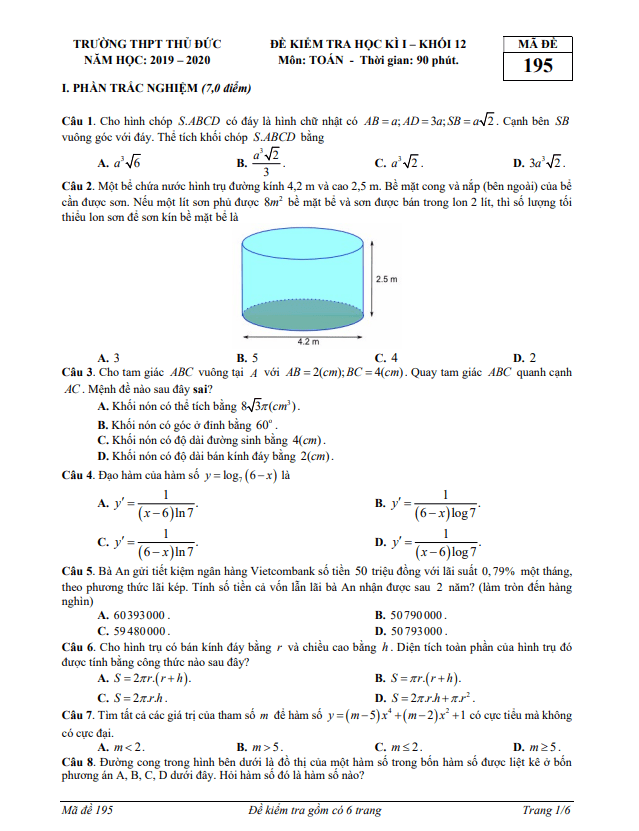 Đề kiểm tra học kì 1 (HK1) lớp 12 môn Toán năm 2019 2020 trường THPT Thủ Đức TP HCM