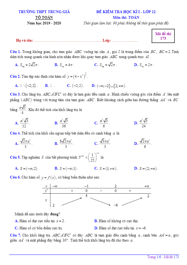 Đề kiểm tra học kì 1 (HK1) lớp 12 môn Toán năm 2019 2020 trường THPT Trung Giã Hà Nội