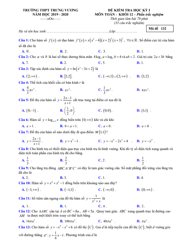 Đề kiểm tra học kì 1 (HK1) lớp 12 môn Toán năm 2019 2020 trường Trưng Vương TP HCM
