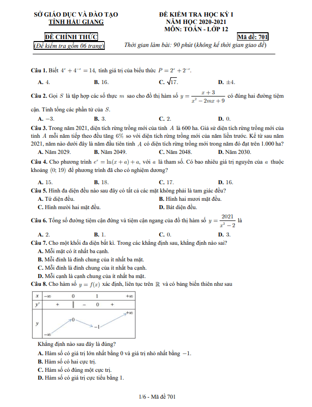 Đề kiểm tra học kì 1 (HK1) lớp 12 môn Toán năm 2020 2021 sở GD ĐT Hậu Giang
