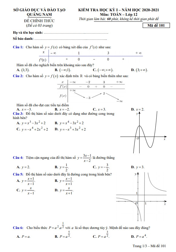 Đề kiểm tra học kì 1 (HK1) lớp 12 môn Toán năm 2020 2021 sở GD ĐT Quảng Nam
