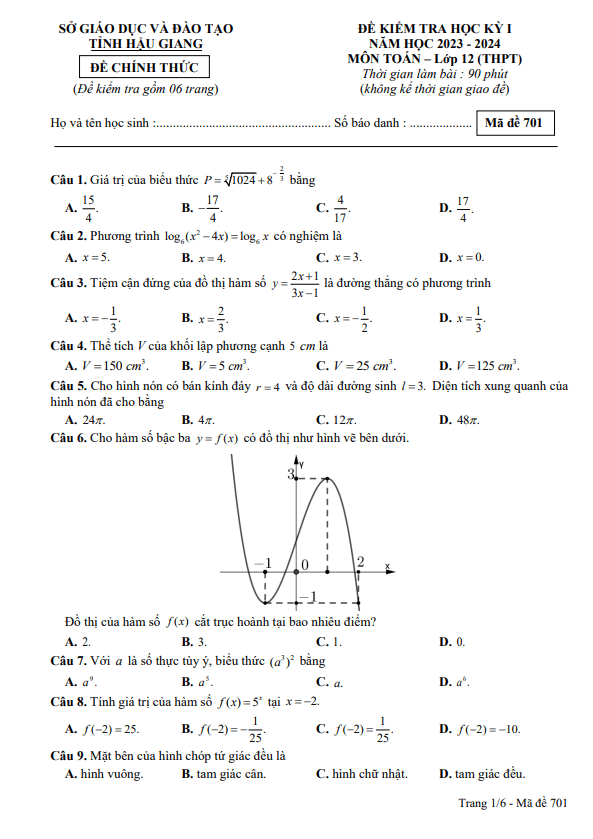 Đề kiểm tra học kì 1 (HK1) lớp 12 môn Toán năm 2023 2024 sở GD ĐT Hậu Giang