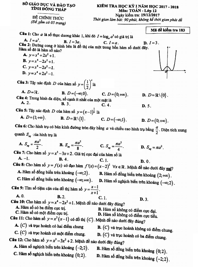 Đề kiểm tra học kì 1 (HK1) lớp 12 môn Toán năm học 2017 2018 sở GD và ĐT Đồng Tháp