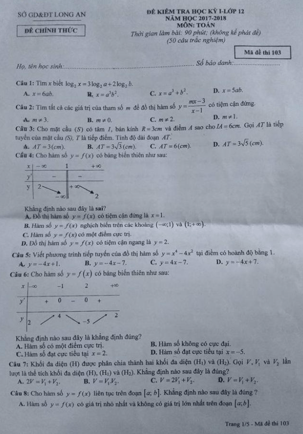 Đề kiểm tra học kì 1 (HK1) lớp 12 môn Toán năm học 2017 2018 sở GD và ĐT Long An