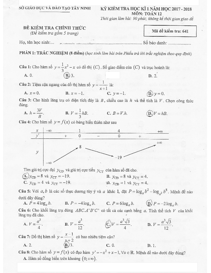 Đề kiểm tra học kì 1 (HK1) lớp 12 môn Toán năm học 2017 2018 sở GD và ĐT Tây Ninh