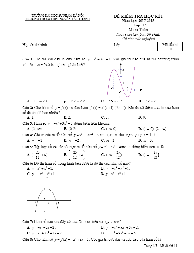 Đề kiểm tra học kì 1 (HK1) lớp 12 môn Toán năm học 2017 2018 trường Nguyễn Tất Thành Hà Nội