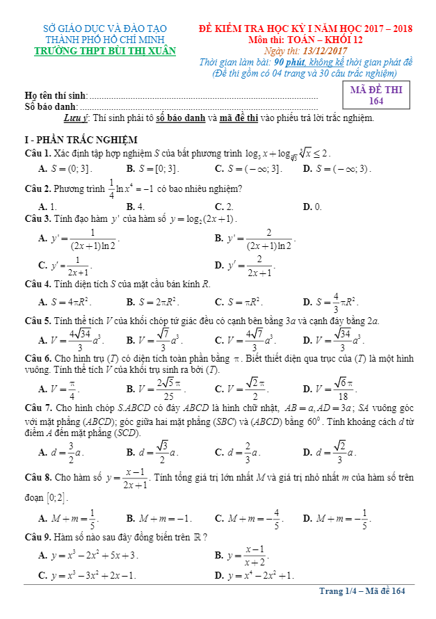 Đề kiểm tra học kì 1 (HK1) lớp 12 môn Toán năm học 2017 2018 trường THPT Bùi Thị Xuân TP. HCM