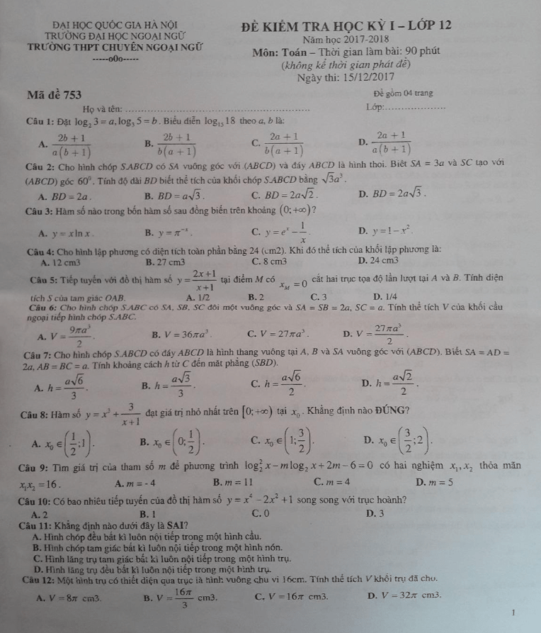 Đề kiểm tra học kì 1 (HK1) lớp 12 môn Toán năm học 2017 2018 trường THPT chuyên Ngoại Ngữ Hà Nội
