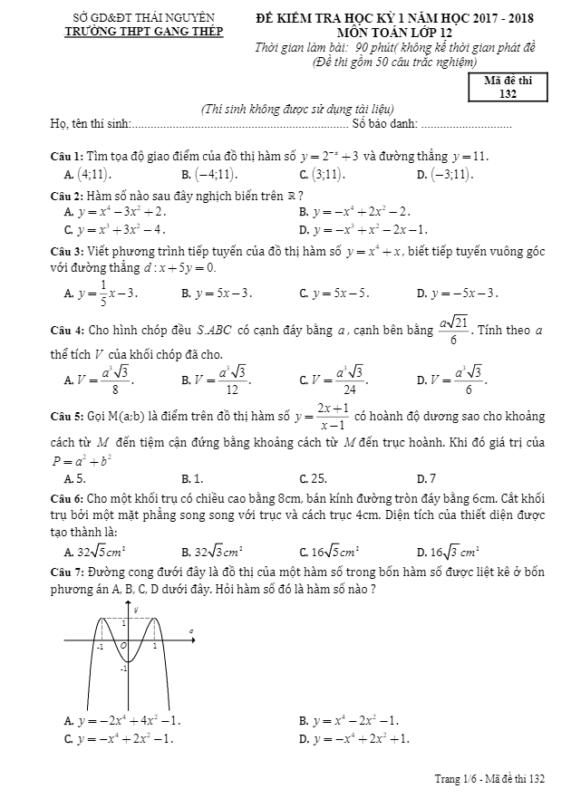 Đề kiểm tra học kì 1 (HK1) lớp 12 môn Toán năm học 2017 2018 trường THPT Gang Thép Thái Nguyên