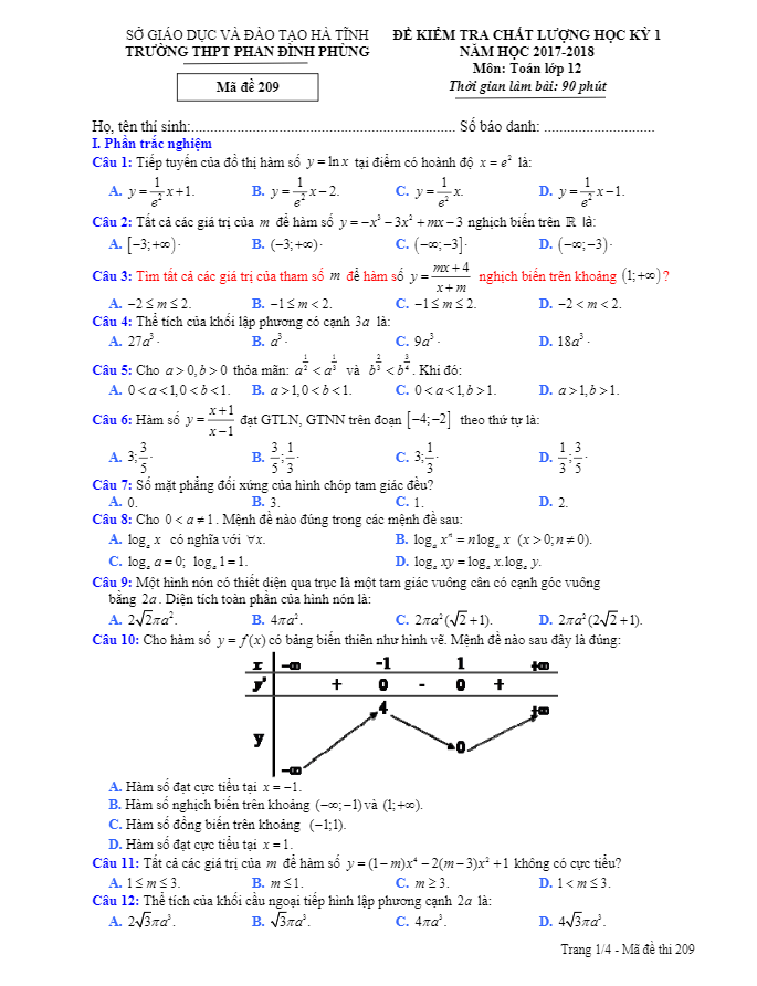 Đề kiểm tra học kì 1 (HK1) lớp 12 môn Toán năm học 2017 2018 trường THPT Phan Đình Phùng Hà Tĩnh