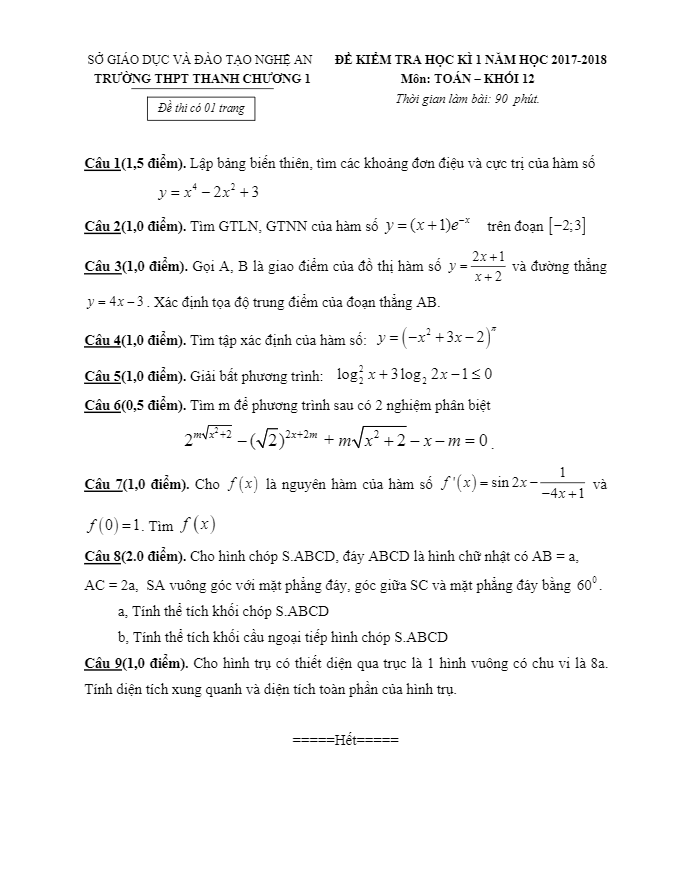 Đề kiểm tra học kì 1 (HK1) lớp 12 môn Toán năm học 2017 2018 trường THPT Thanh Chương 1 Nghệ An