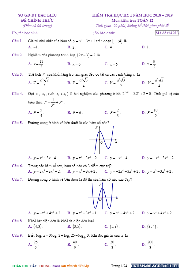 Đề kiểm tra học kì 1 (HK1) lớp 12 môn Toán năm học 2018 2019 sở GD và ĐT Bạc Liêu