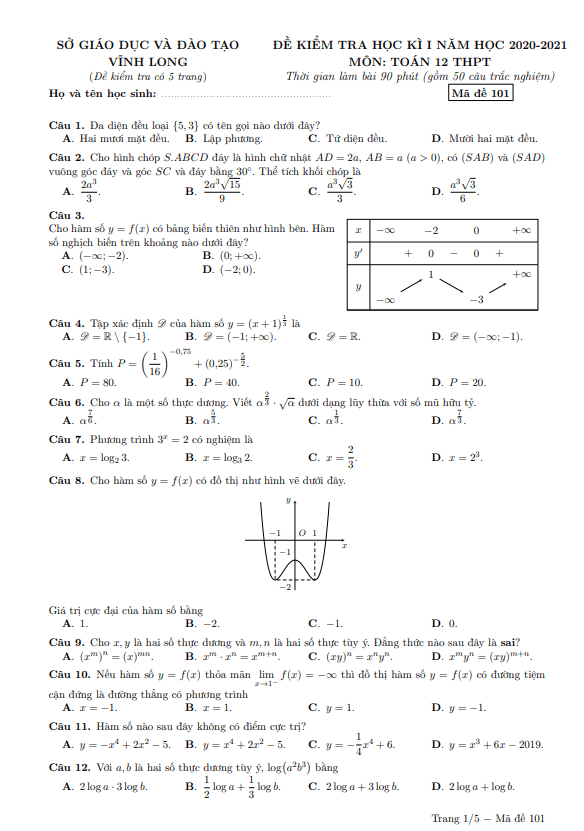 Đề kiểm tra học kì 1 (HK1) lớp 12 môn Toán năm học 2020 2021 sở GD ĐT Vĩnh Long