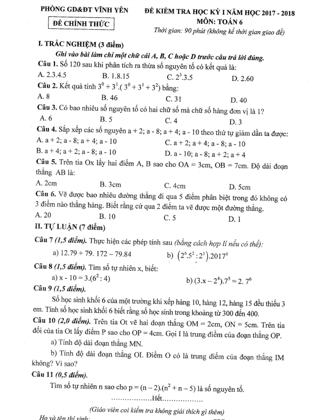 Đề kiểm tra học kì 1 (HK1) lớp 6 môn Toán năm 2017 2018 phòng GD ĐT Vĩnh Yên Vĩnh Phúc