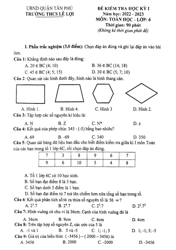 Đề kiểm tra học kì 1 (HK1) lớp 6 môn Toán năm 2022 2023 trường THCS Lê Lợi TP HCM