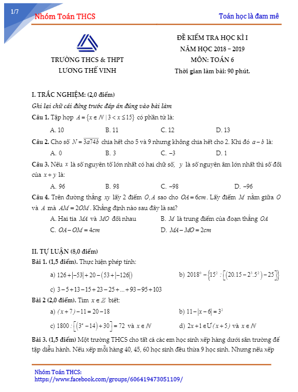 Đề kiểm tra học kì 1 (HK1) lớp 6 môn Toán năm học 2018 2019 trường Lương Thế Vinh Hà Nội