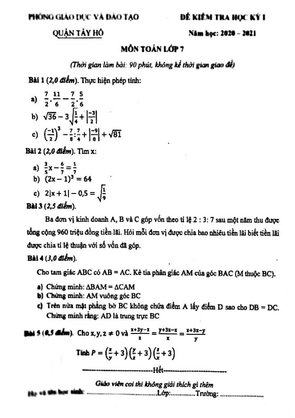 Đề kiểm tra học kì 1 (HK1) lớp 7 môn Toán năm 2020 2021 phòng GD ĐT Tây Hồ Hà Nội