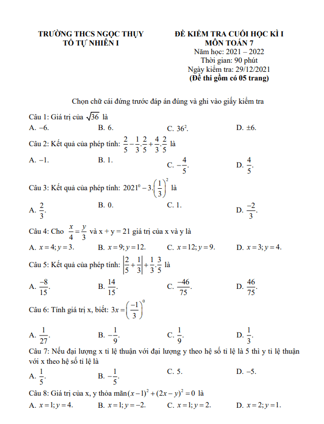 Đề kiểm tra học kì 1 (HK1) lớp 7 môn Toán năm 2021 2022 trường THCS Ngọc Thụy Hà Nội
