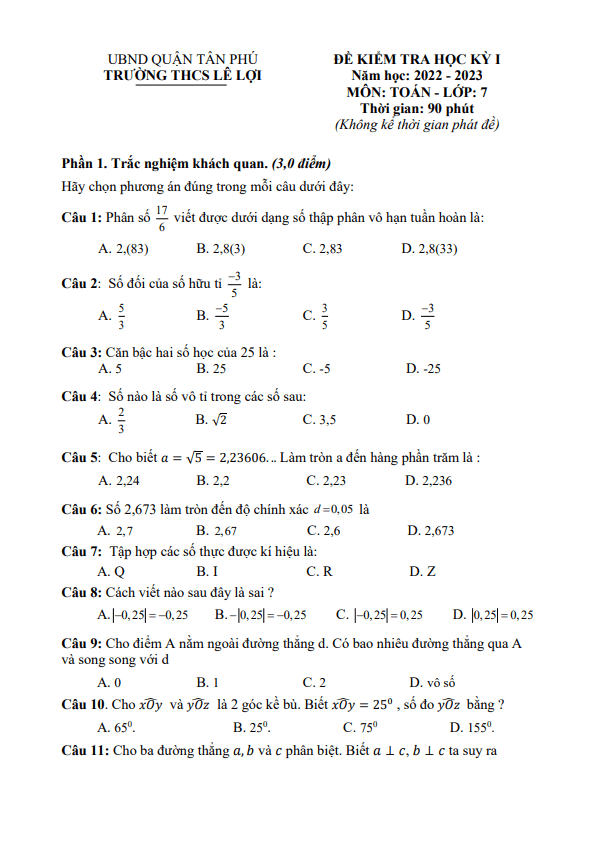 Đề kiểm tra học kì 1 (HK1) lớp 7 môn Toán năm 2022 2023 trường THCS Lê Lợi TP HCM