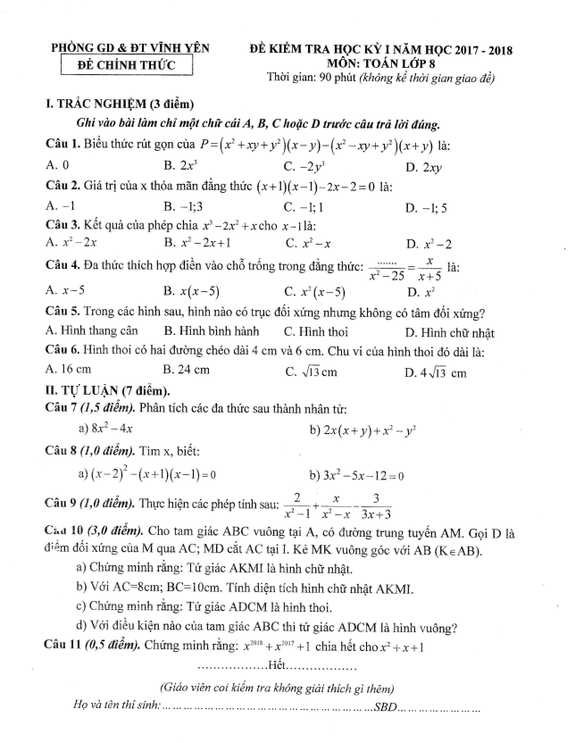 Đề kiểm tra học kì 1 (HK1) lớp 8 môn Toán năm 2017 2018 phòng GD ĐT Vĩnh Yên Vĩnh Phúc