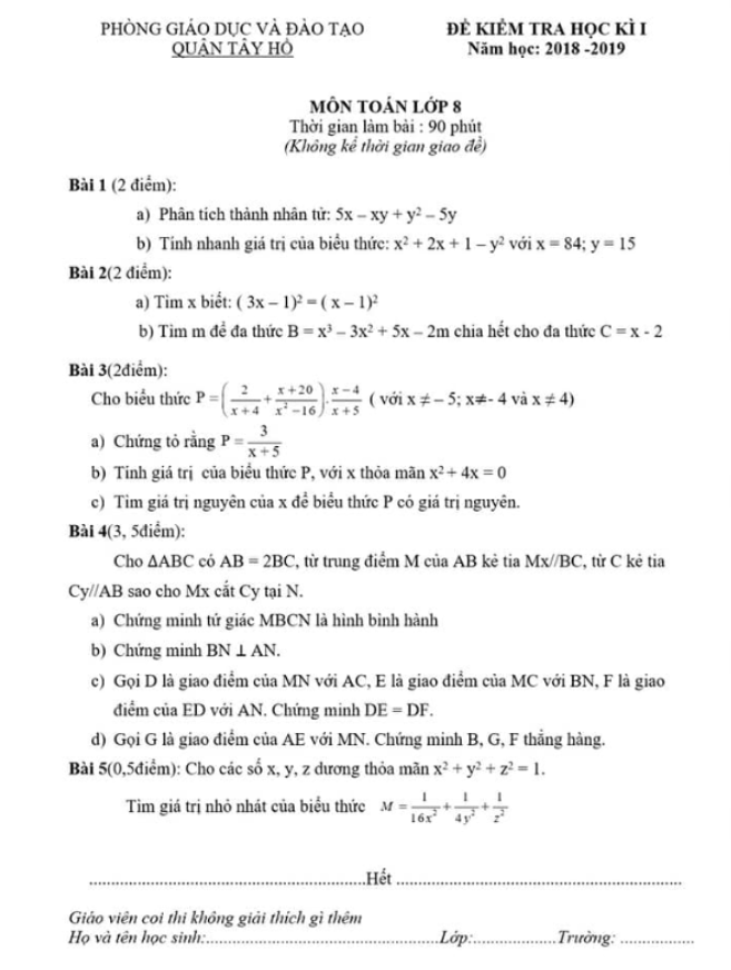 Đề kiểm tra học kì 1 (HK1) lớp 8 môn Toán năm 2018 2019 phòng GD ĐT Tây Hồ Hà Nội
