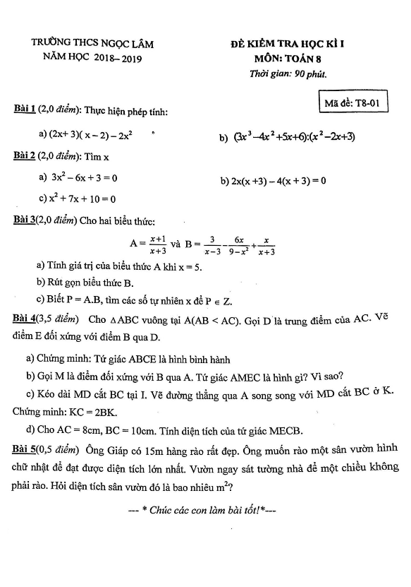 Đề kiểm tra học kì 1 (HK1) lớp 8 môn Toán năm 2018 2019 trường THCS Ngọc Lâm Hà Nội