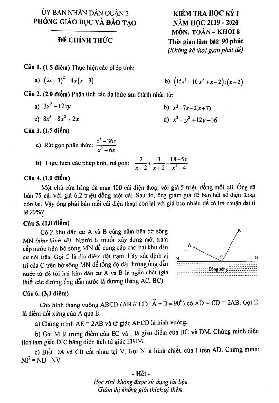 Đề kiểm tra học kì 1 (HK1) lớp 8 môn Toán năm 2019 2020 phòng GD ĐT Quận 3 TP HCM