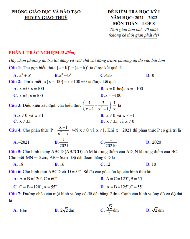 Đề kiểm tra học kì 1 (HK1) lớp 8 môn Toán năm 2021 2022 phòng GD ĐT Giao Thuỷ Nam Định
