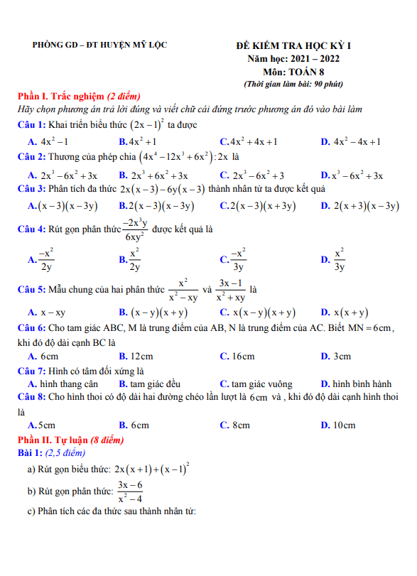 Đề kiểm tra học kì 1 (HK1) lớp 8 môn Toán năm 2021 2022 phòng GD ĐT Mỹ Lộc Nam Định