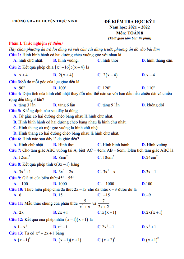 Đề kiểm tra học kì 1 (HK1) lớp 8 môn Toán năm 2021 2022 phòng GD ĐT Trực Ninh Nam Định