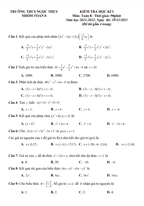 Đề kiểm tra học kì 1 (HK1) lớp 8 môn Toán năm 2021 2022 trường THCS Ngọc Thụy Hà Nội