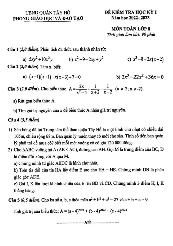 Đề kiểm tra học kì 1 (HK1) lớp 8 môn Toán năm 2022 2023 phòng GD ĐT Tây Hồ Hà Nội
