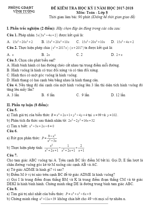 Đề kiểm tra học kì 1 (HK1) lớp 8 môn Toán năm học 2017 2018 phòng GD và ĐT Vĩnh Tường Vĩnh Phúc