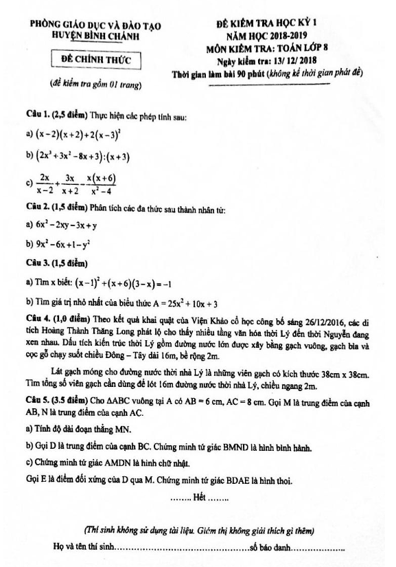 Đề kiểm tra học kì 1 (HK1) lớp 8 môn Toán năm học 2018 2019 phòng GD và ĐT Bình Chánh TP. HCM