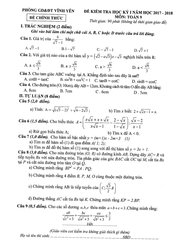 Đề kiểm tra học kì 1 (HK1) lớp 9 môn Toán năm 2017 2018 phòng GD ĐT Vĩnh Yên Vĩnh Phúc